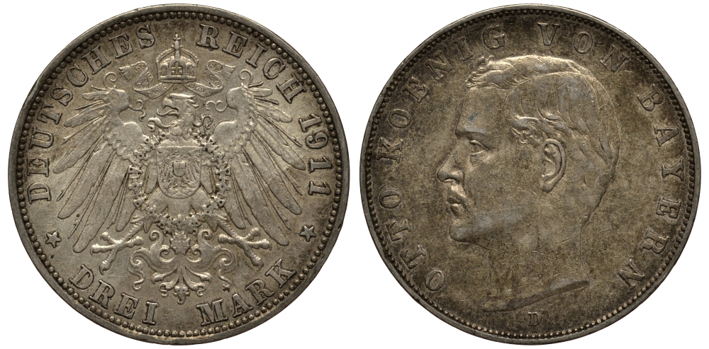 Бавария 3 марки 1911 Отто (1886-1913) Weege 45, J. 47, KM 515 серебро 3711-2033