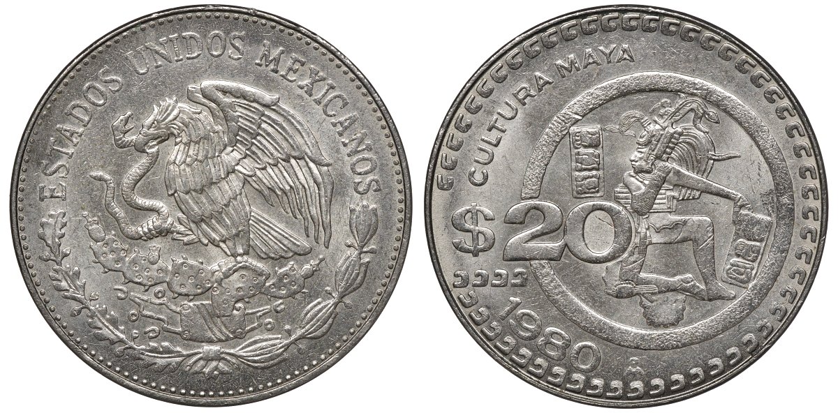 Мексика 20 песо 1980 Мо, культура Майя KM 486 медно-никель 4367-1125