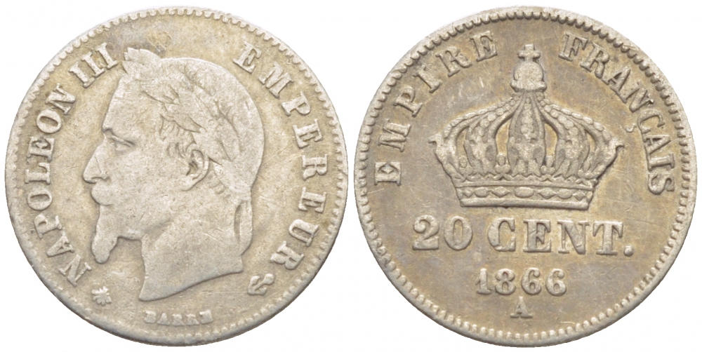 ФРАНЦИЯ 20 САНТИМОВ 1866 А KM 805.1 серебро 105-545