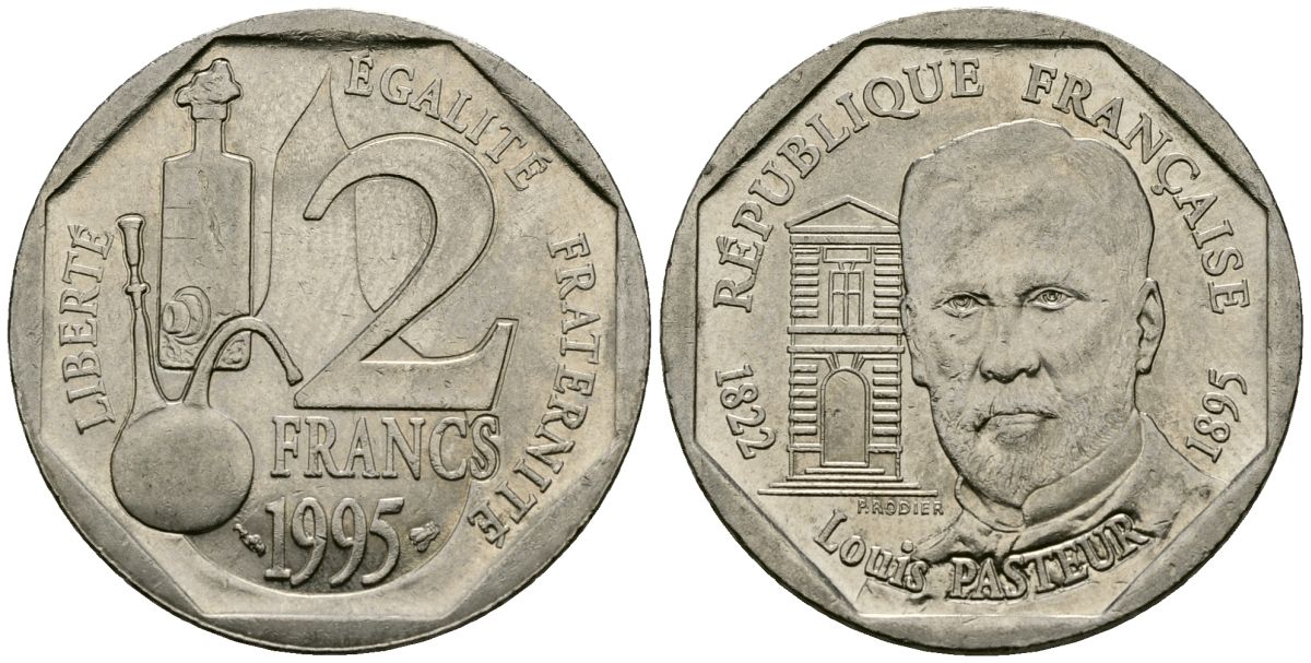 Франция 2 франка 1995 100 лет со дня смерти Луи Пастера KM 1119 никель  4171-1211