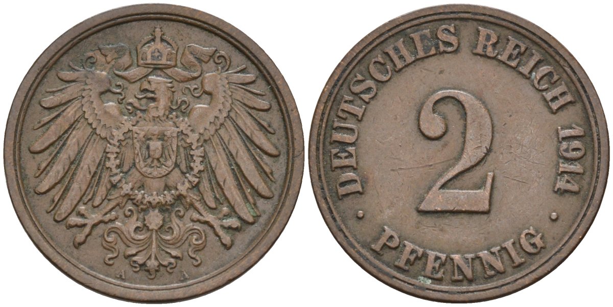 Германия 2 пфеннига 1914 А KM 16, J. 11 бронза 4594-369