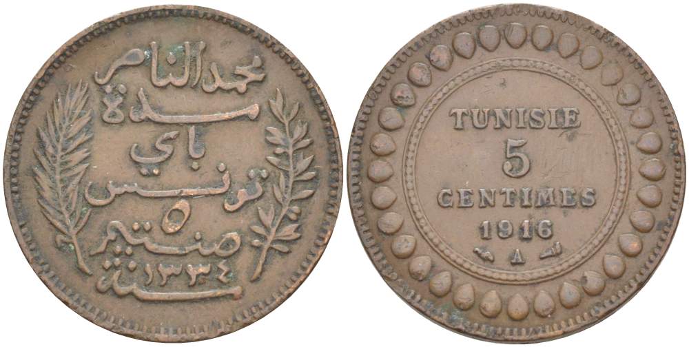 Тунис 5 сантимов 1916 A KM 235 бронза     4523-811
