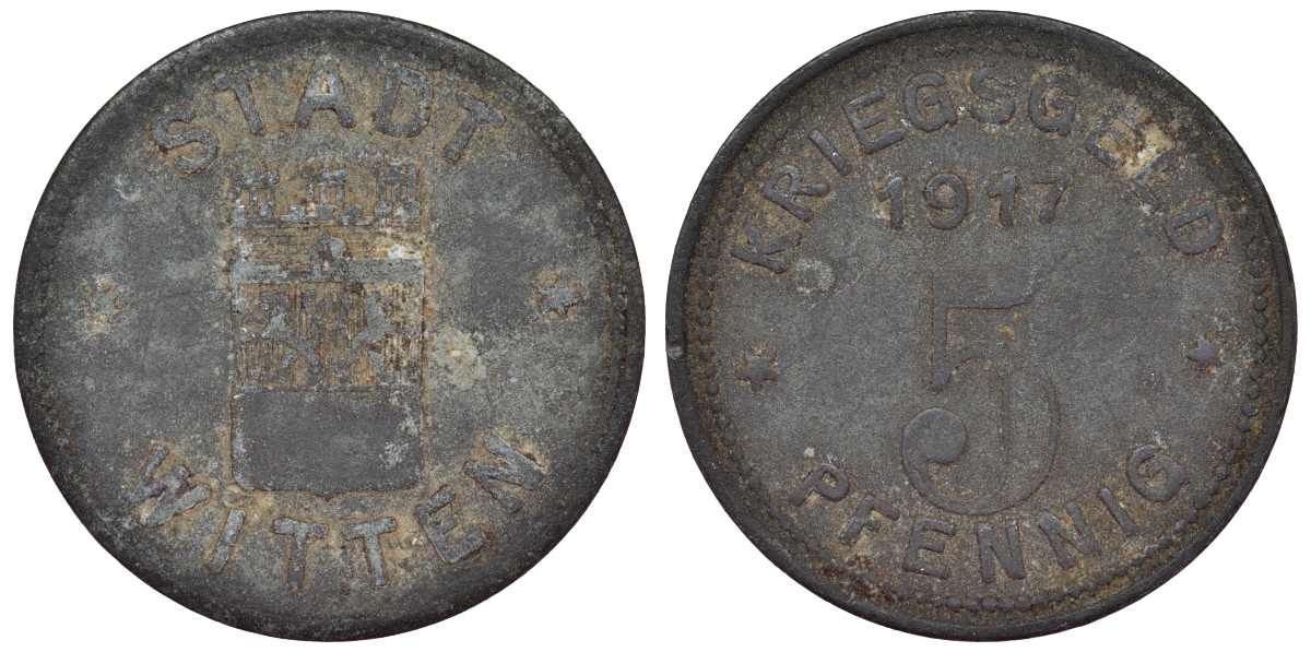Германия, Виттен 5 пфеннигов 1917 Северный Рейн-Вестфалия, нотгельд Menzel 27464.1 цинк 4119-842