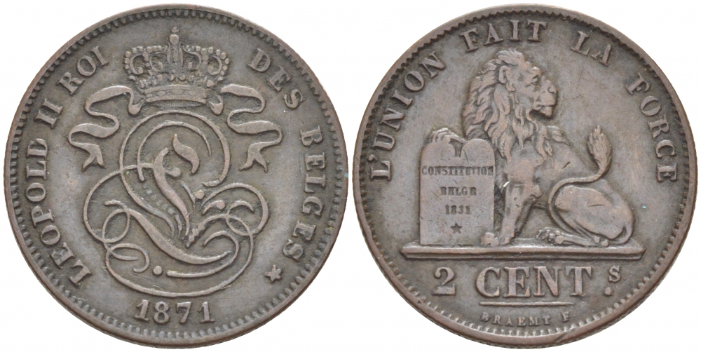 Бельгия 2 сантима 1871 BELGES KM 35.1 медь 4127-242