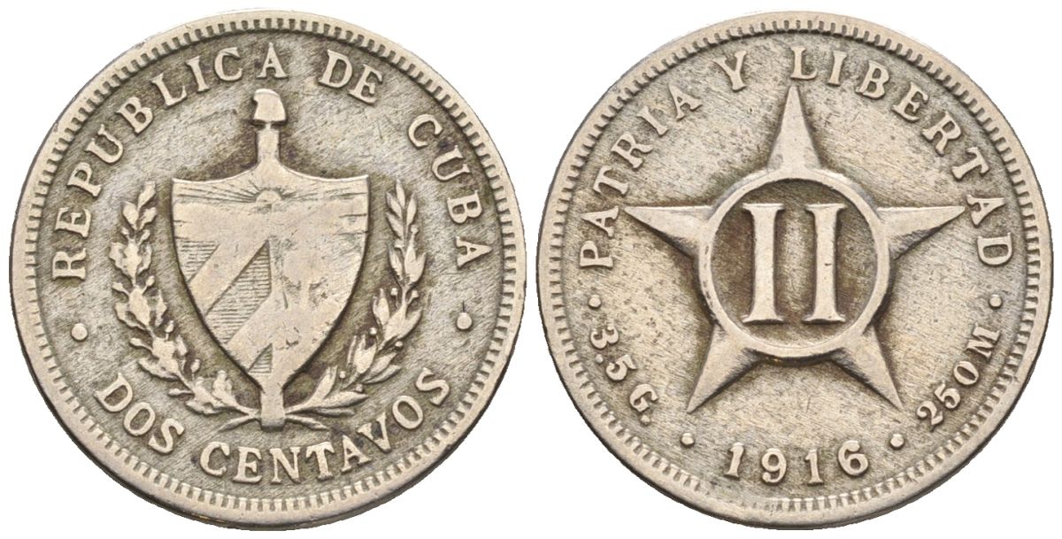 Куба 2 сентаво 1916 KM A10, JMA 28, Y 4 медно-никель 4115-1119