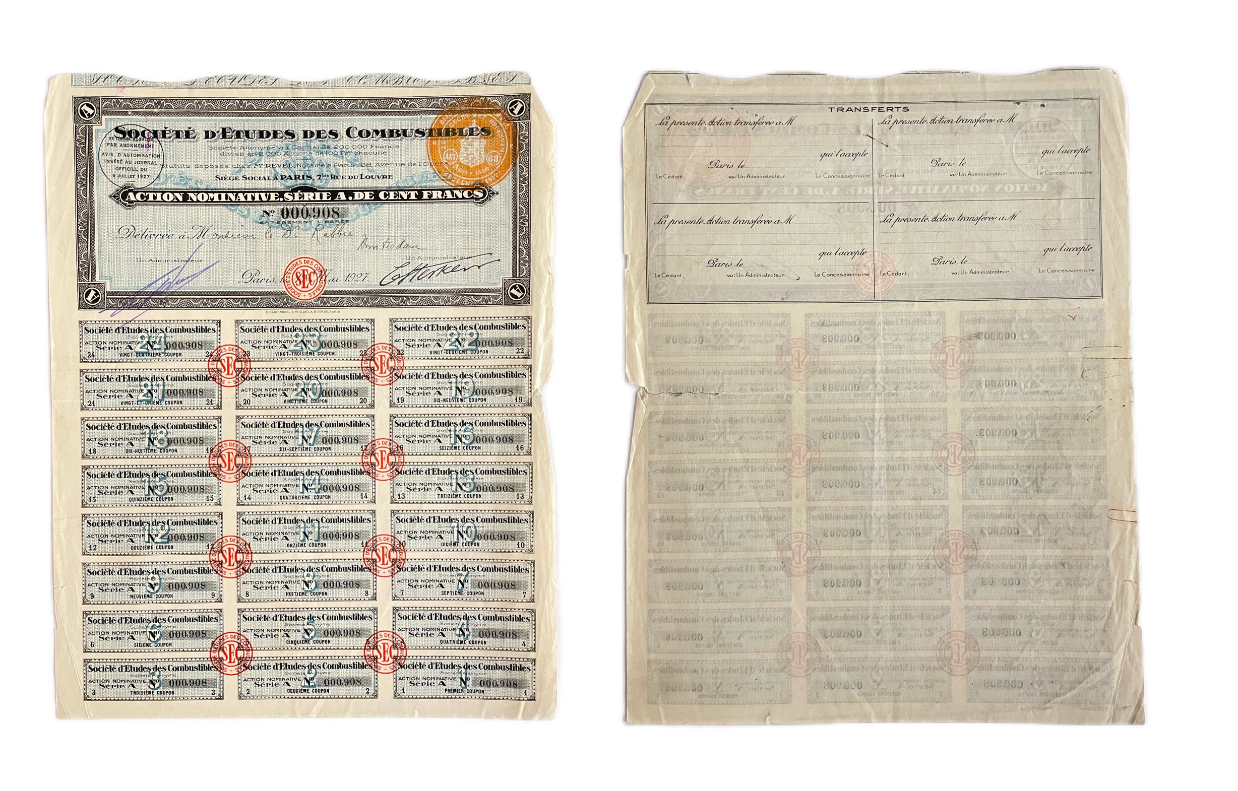 Венгрия купонный лист от облигации в 100 франков 1927 24 купона, Societe detudes des combustibles (общество изучения топлива) бумага 48-28-1-2