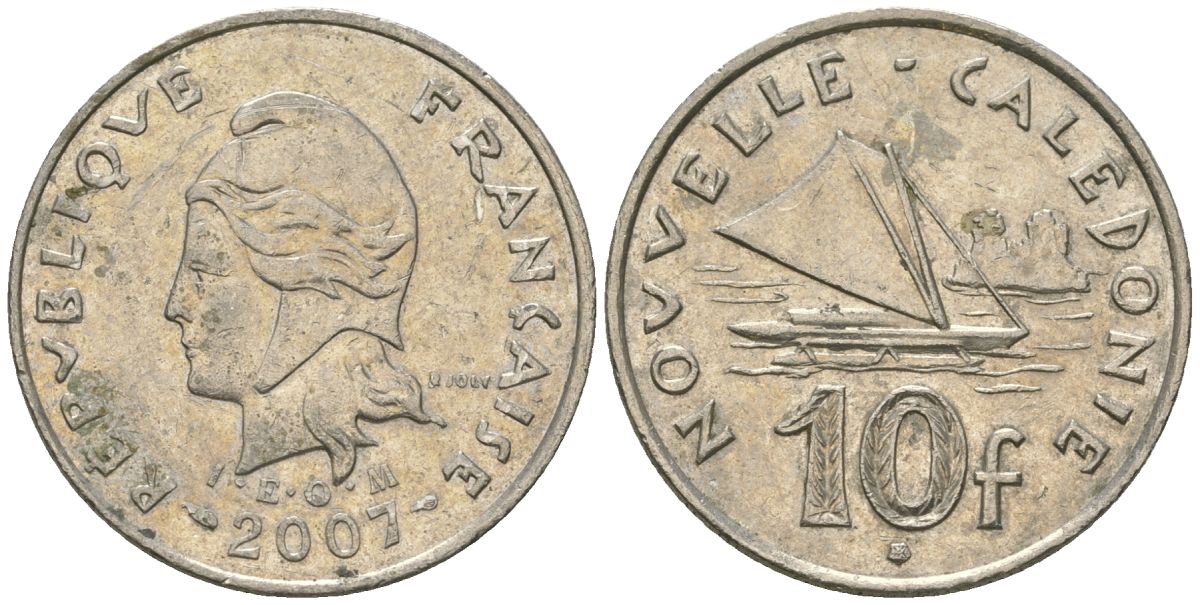 Французская Новая Каледония 10 франков 2007 рыбачья парусная лодка, (IEOM) KM 11a, Schoen 13a, Lec 99k медно-никель 56-514
