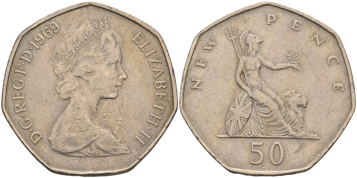 Великобритания 50 пенсов 1969 Елизавета II (1952-2022) KM 913, Spink 4223 (H1) медно-никель 4583-1241
