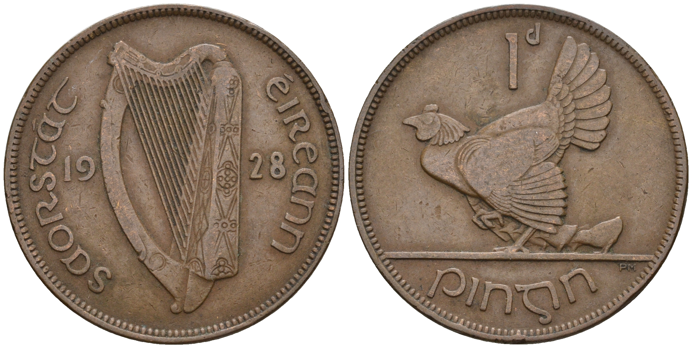 Ирландия 1 пенни 1928 курица с цыплятами KM 3 бронза 221-225