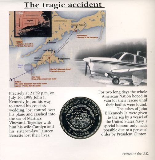 Либерия 5 долларов 1999 Джон Кеннеди (младший), буклет KM 593 медно-никель UNC 6-5-2-20