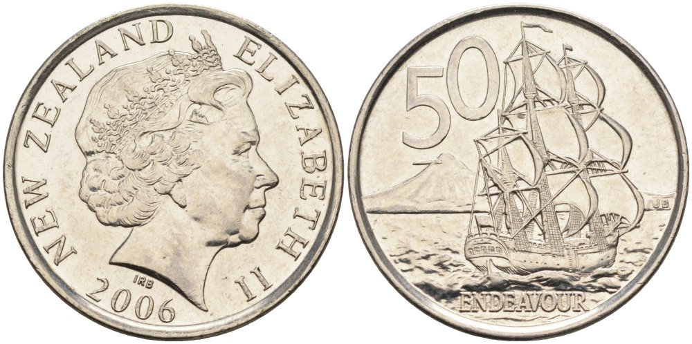 Новая Зеландия 50 центов 2006 Елизавета II (1952-2022), парусник Индевор KM 119а никелированная сталь 4579-1032