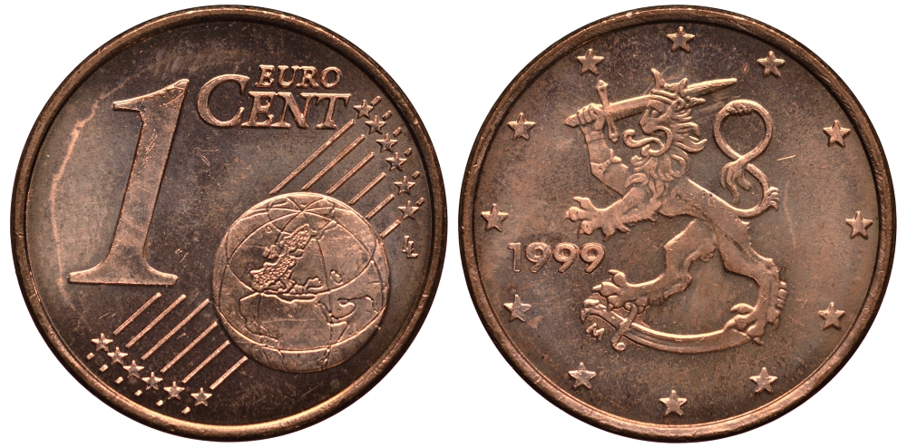 Финляндия 1 евроцент 1999 KM 98 сталь плакированная медью XF-UNC 4181-152