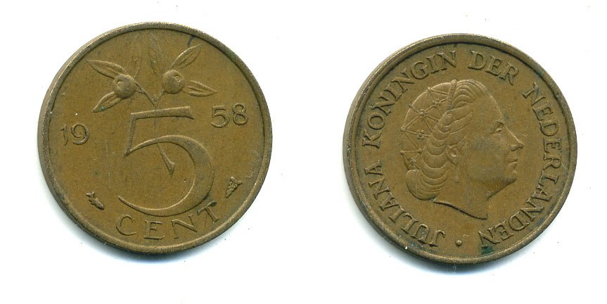 НИДЕРЛАНДЫ 5 ЦЕНТОВ 1958 ЮЛИАНА KM 181 бронза 76-423
