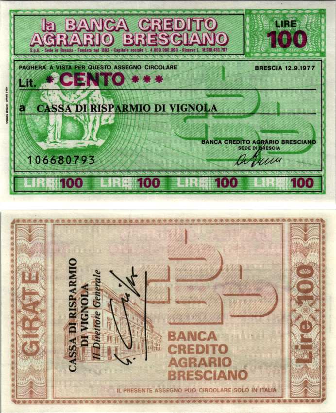 Италия 100 лир 1977 12 сентября 1977 La Banca credito agrario Brescia бумага UNC (пресс) 7222-42-3-1