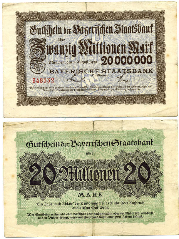 МЮНХЕН 20000000 МАРОК 1923 НОТГЕЛЬД, 23 АВГУСТА 1923, ЗЕМЛЯ БАВАРИЯ Keller 276с бумага 3295-118-2-2