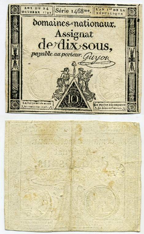 Франция 10 су 1792 женщины свободы Pick A64a бумага 450-109-1