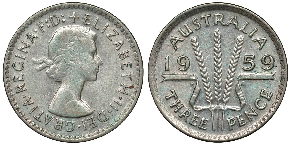 Австралия 3 пенса 1959 m, Елизавета II (1952-2022) KM 57 серебро 71-612