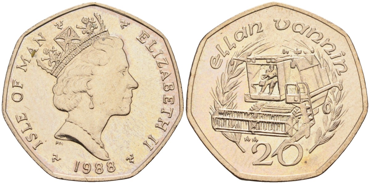 Остров Мэн 20 пенсов 1988 АА, комбайн, Елизавета II (1952) KM 211 медно-никель UNC 4582-337