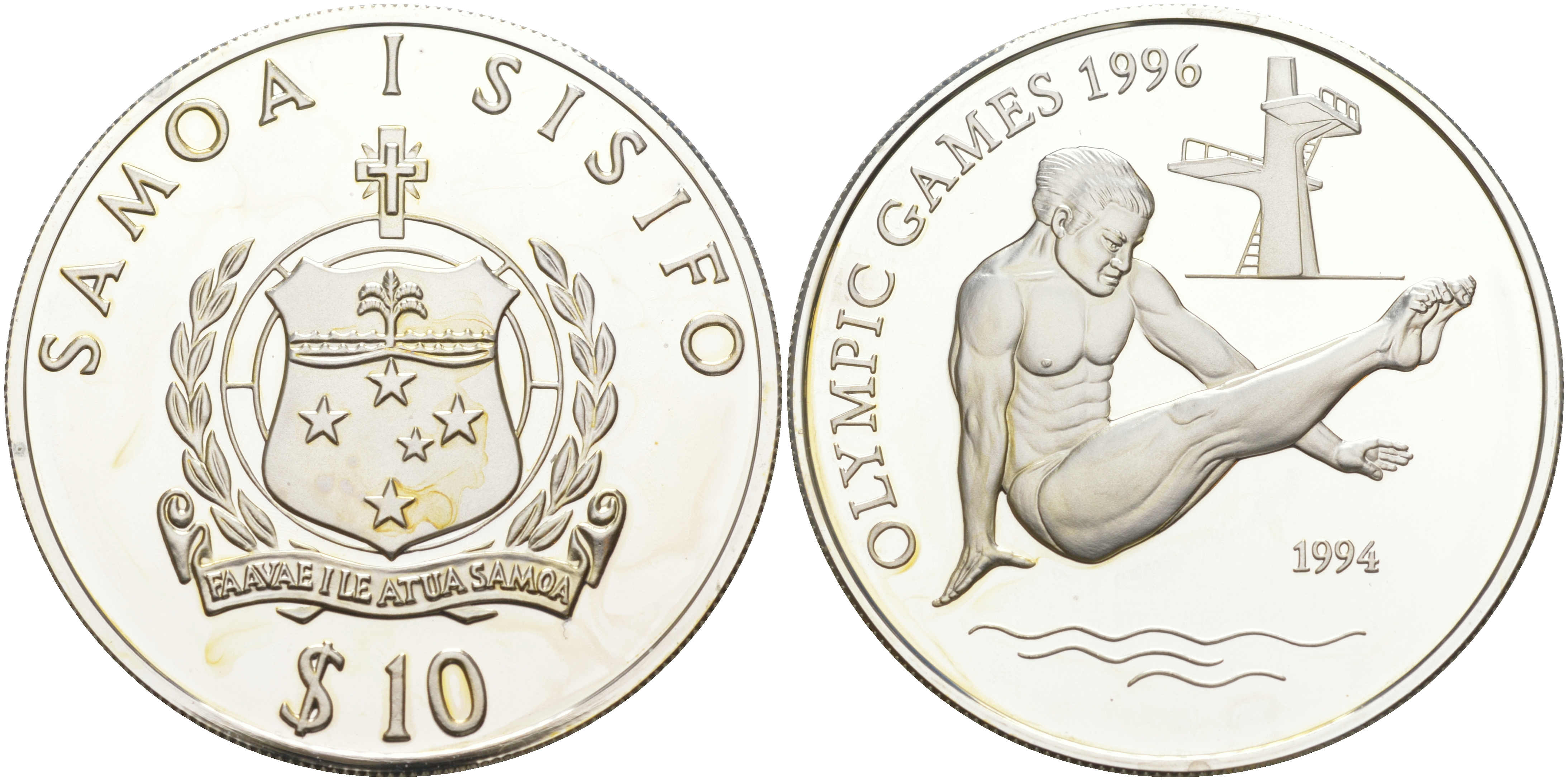 Самоа 10 тала 1994 летние Олимпийские игры 1996 года в Атланте, прыжки в воду KM 91 серебро PROOF 1074-5-42