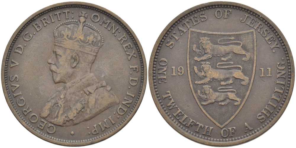 Джерси 1/12 шиллинга 1911 Георг V (1910-1936) KM 12 бронза 3996-432