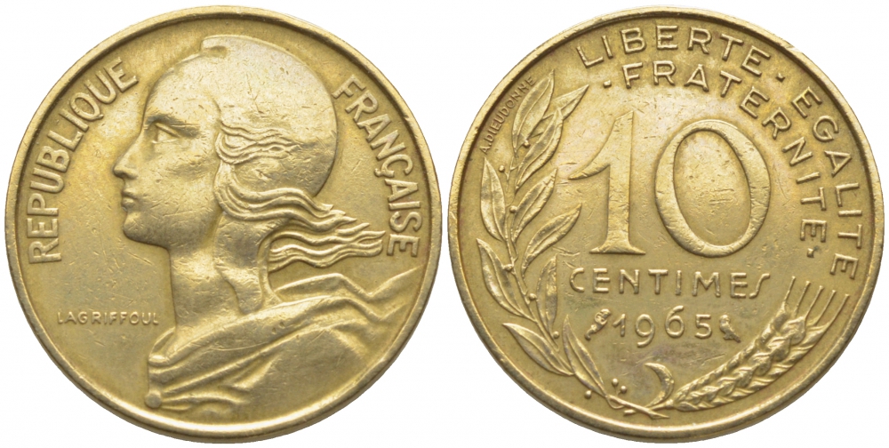 ФРАНЦИЯ 10 САНТИМОВ 1965 ТИП MARIANNE KM 929 медь алюминий никель 105-1225