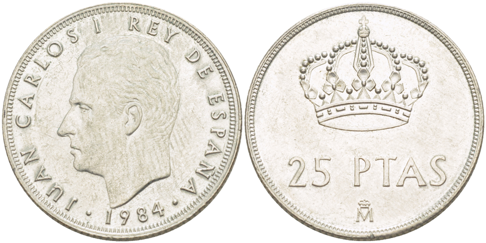 ИСПАНИЯ 25 ПЕСЕТ 1984 ХУАН КАРЛОС I ( 1975-) KM 824 медно-никель XF 4185-823