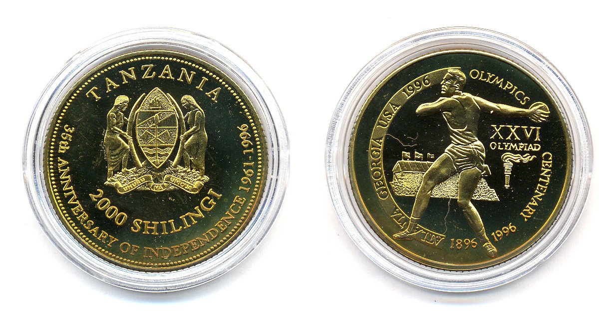 Танзания 2000 шиллингов 1996 XXVI Олимпийские игры 1996 года в Атланте, 100 лет Олимпийскому движению, дискобол, пробник, рубчатый гурт латунь PROOF 06-157-45