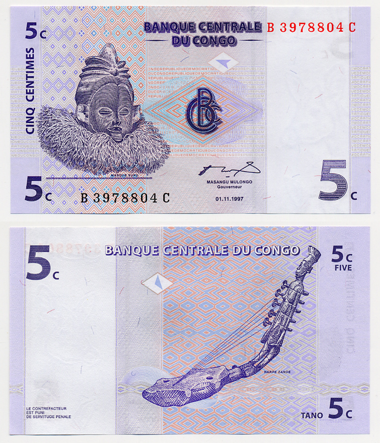 ДР Конго 5 сантимов 1997 маска суку, музыкальный инструмент занде Pick 81 a бумага UNC (пресс) 6280-19-1-1