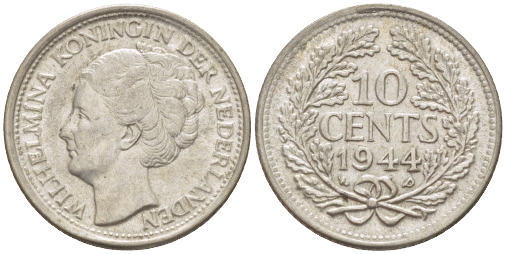 Нидерланды 10 центов 1944 Вильгельмина (1890-1948) KM 163 серебро aUNC 4392-1065