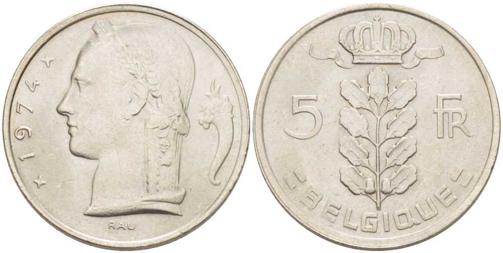 БЕЛЬГИЯ 5 ФРАНКОВ 1974 BELGIQUE, БОДУЭН I (1951-1993) KM 134.1 медно-никель 202-1252