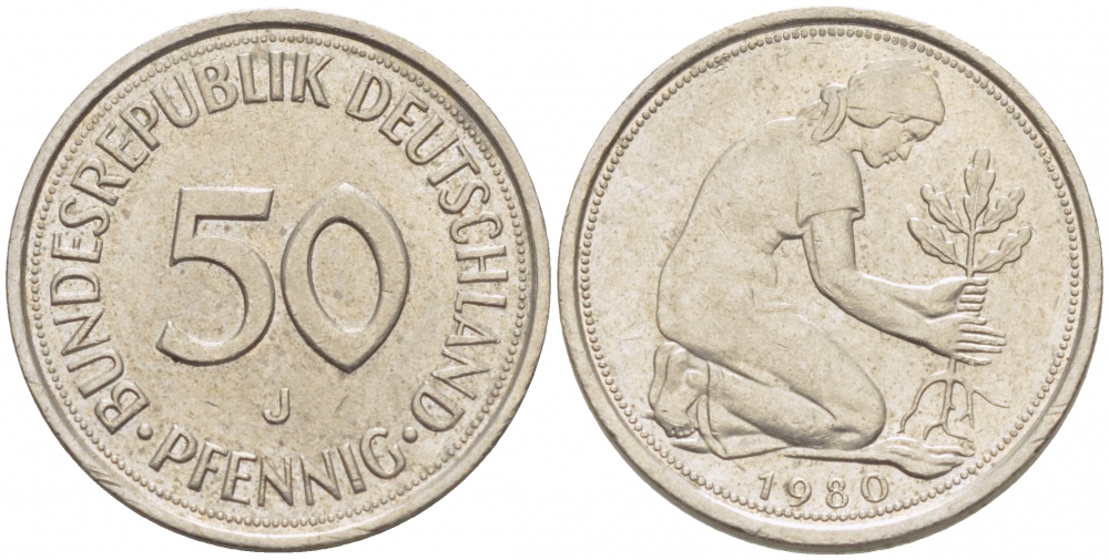 ФРГ 50 ПФЕННИГОВ 1980 J KM 109.2 медно-никель 4392-916