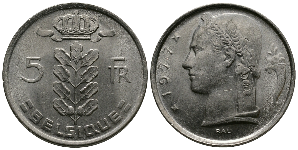 БЕЛЬГИЯ 5 ФРАНКОВ 1977 BELGIQUE KM 134.1 медно-никель 84-852
