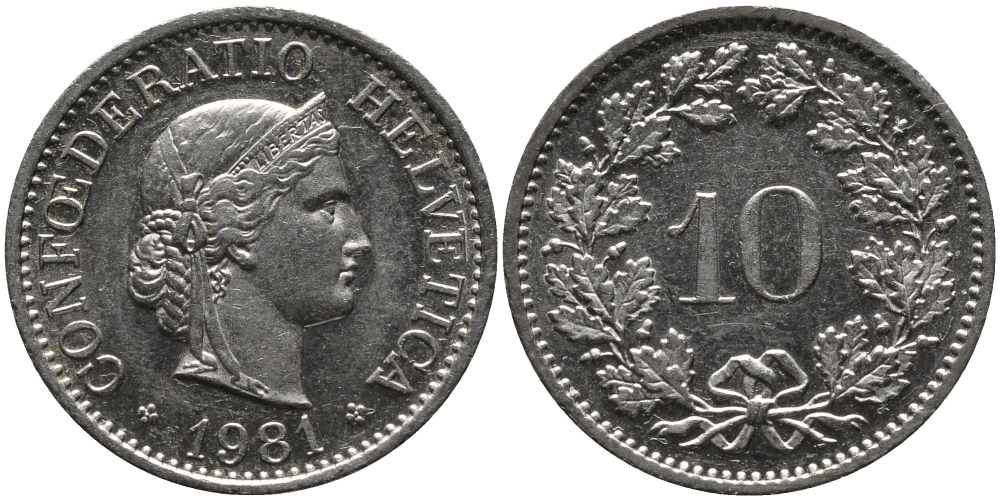 Швейцария 10 раппенов 1981 KM 27 медно-никель 33-254