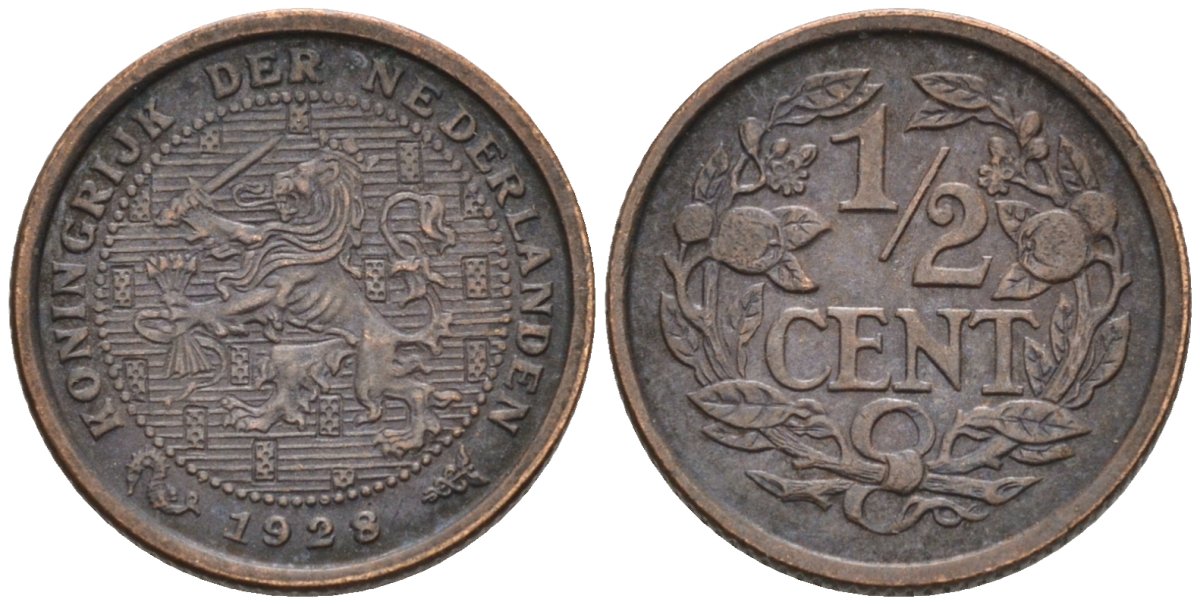 Нидерланды 1/2 цента 1928 Вильгельмина (1890-1948) KM 138 бронза 4576-449