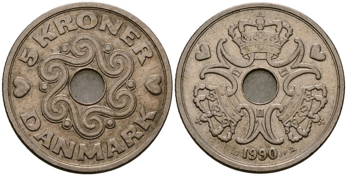 Дания 5 крон 1990 Маргрете II (1973 - 1988) KM 869 медно-никель 4165-934