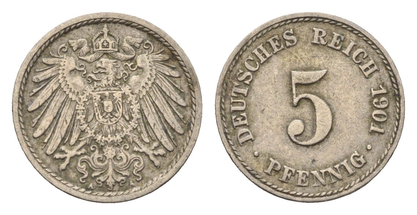 Германия 5 пфеннигов 1901 A KM 11, J. 12 медно-никель 4696-622