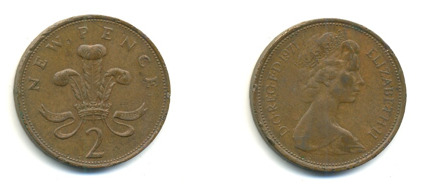 Великобритания 2 пенса 1971 Елизавета II (1952-2022) KM 916, Spink 4235 (C1) бронза 80-1044