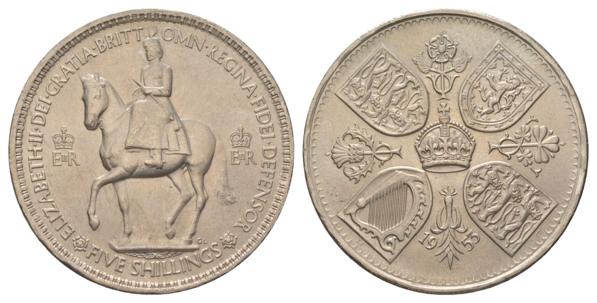 Великобритания 1 крона (5 шиллингов) 1953 коронация королевы Елизаветы, Елизавета II (1952-2022) Елизаветы, в красочной упаковке KM 894, Spink 4136 медно-никель UNC 107-1025