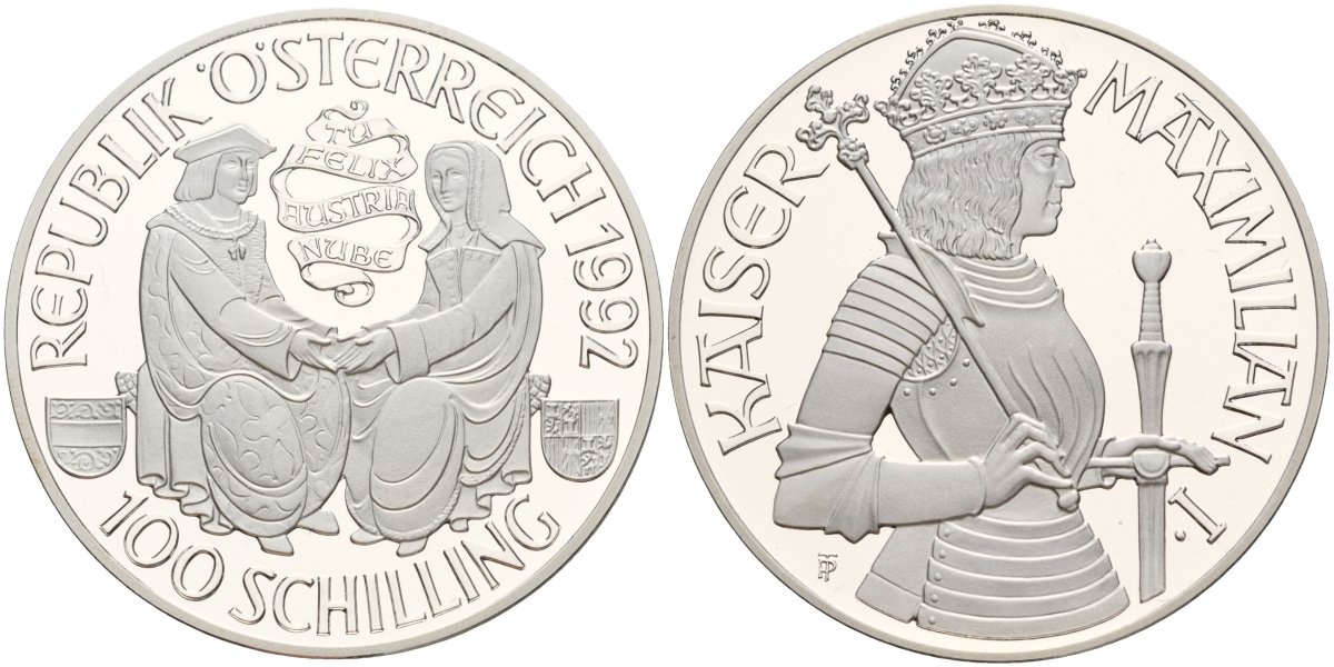 Австрия 100 шиллингов 1992 Максимилиан I, в коробке, с сертификатом подлинности KM 3003 серебро PROOF 3-4-4-02
