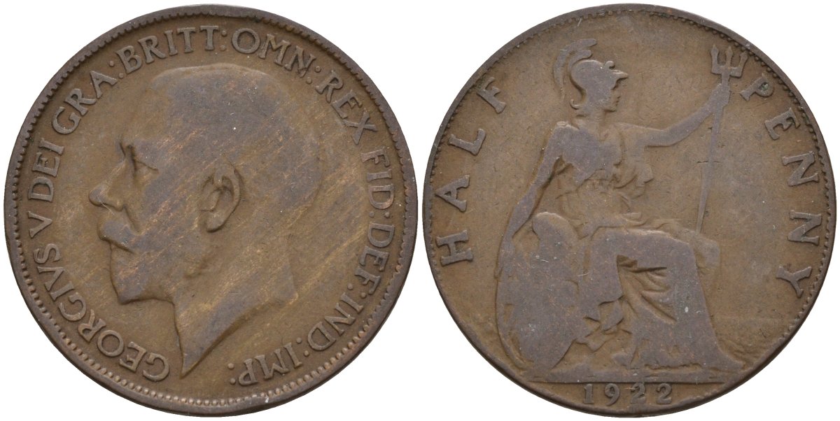 Великобритания 1/2 пенни 1922 Георг V (1910 - 1936) KM 809, Spink 4056 бронза 4146-143