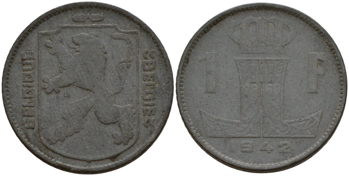 Бельгия 1 франк 1942 Belgique - Belgie, Леопольд III (1934-1947), германская оккупация, Вторая мировая война KM 127 цинк 4161-424