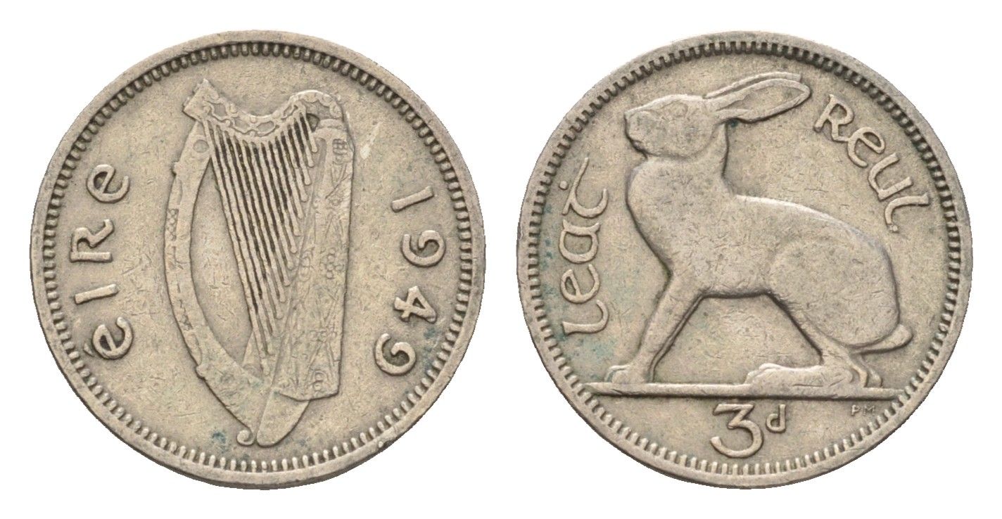 Ирландия 3 пенса 1949 заяц KM 12a медно-никель 4690-316