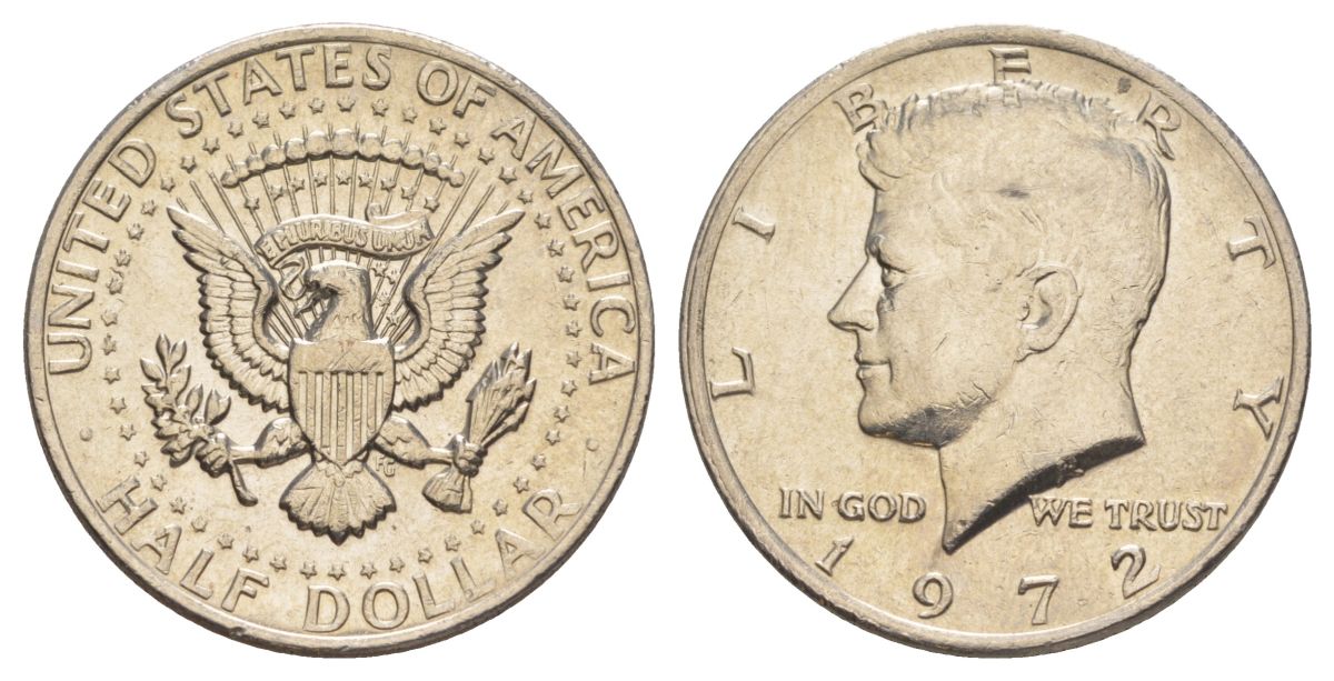 США 1/2 доллара (50 центов) 1972 Джон Кеннеди KM 202b медь плакированная медно-никелем aUNC 4140-526