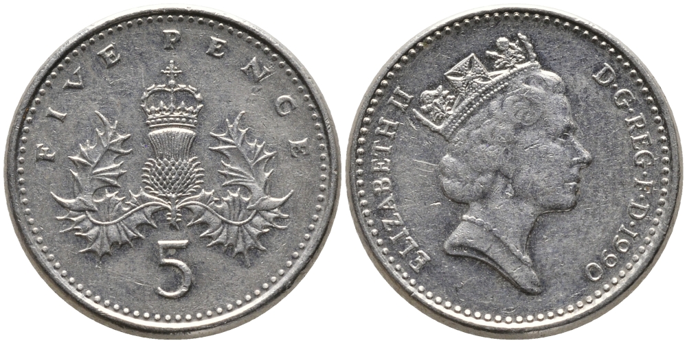 Великобритания 5 пенсов 1990 Елизавета II (1952-2022) KM 937b, Spink 4372 (D4) медно-никель 99-1064