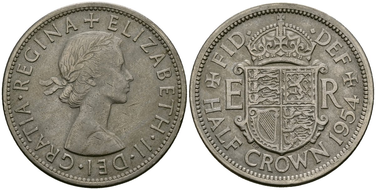 Великобритания 1/2 кроны 1954 Елизавета II (1952-2022) KM 907, Spink 4145 медно-никель 00-00