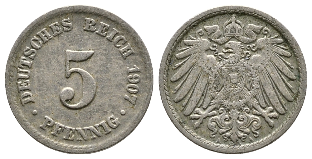 ГЕРМАНИЯ 5 ПФЕННИГОВ 1907 А, KM 11, J. 12 медно-никель 4380-139
