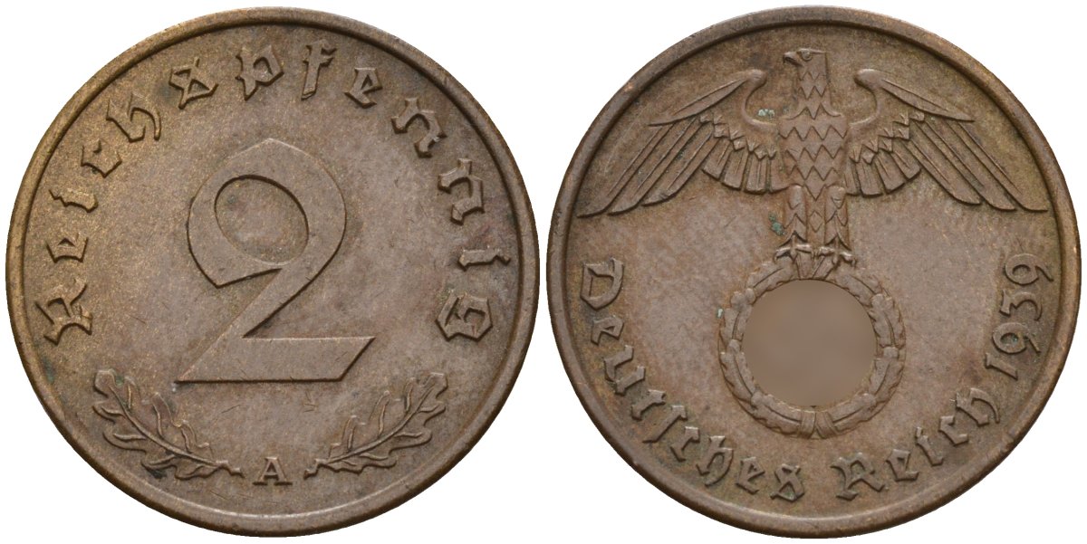 Германия 2 рейхспфеннига 1939 A KM 90, J. 362 бронза 4151-138