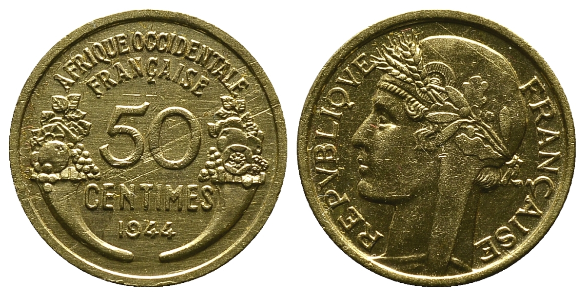 Французская Западная Африка 50 сантимов 1944 редкая KM 1, Lec 1 алюминиевая бронза aUNC 4381-939