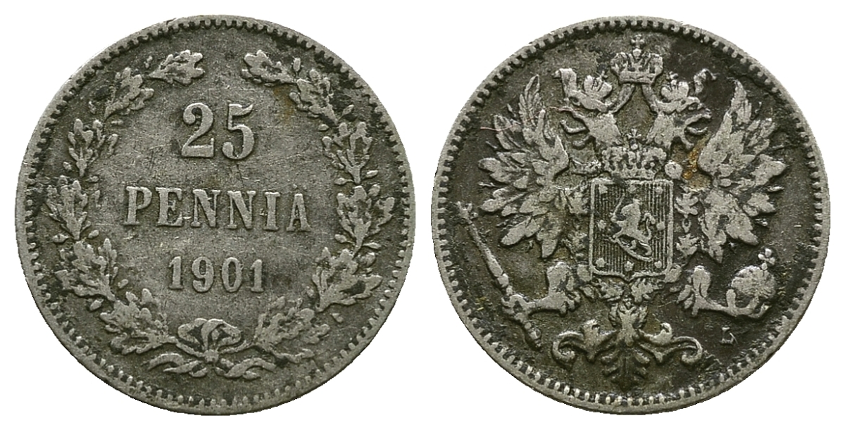 РОССИЯ ДЛЯ ФИНЛЯНДИИ 25 ПЕННИ 1901 L, НИКОЛАЙ II KM 6.2, Биткин 412 серебро 4383-453