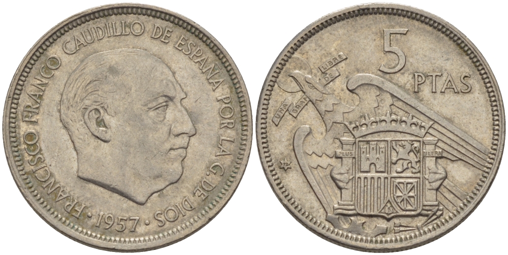 ИСПАНИЯ 5 ПЕСЕТ 1957 (72) ФРАНСИСКО ФРАНКО ДИКТАТОР ИСПАНИИ (1939-1975) KM 786 медно-никель 65-1157